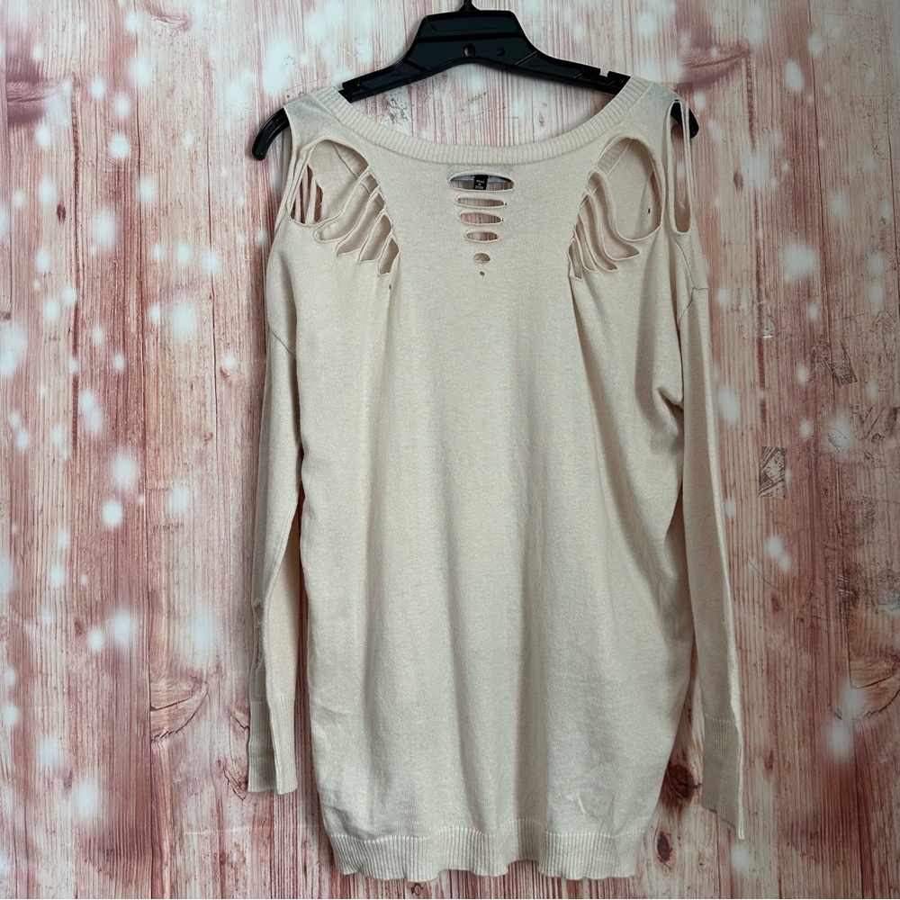 Central Park West Revolve Distressed Ripped V-neck Sweater Cream XS - Picture 12 of 16